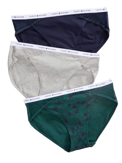 Shop Tommy Hilfiger Cotton & Lace Bikini 3-pack In Starstruck Green
