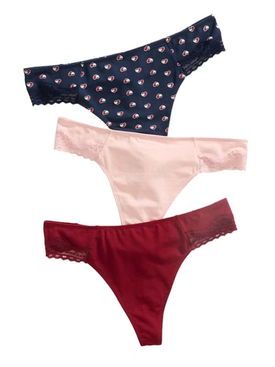 Shop Tommy Hilfiger Cotton & Lace Thong 3-pack In Heart Flags