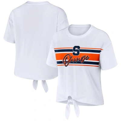 Wear By Erin Andrews White Syracuse Orange Striped Front Knot Cropped T-shirt In White