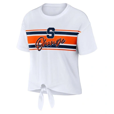 Wear By Erin Andrews White Syracuse Orange Striped Front Knot Cropped T-shirt In White