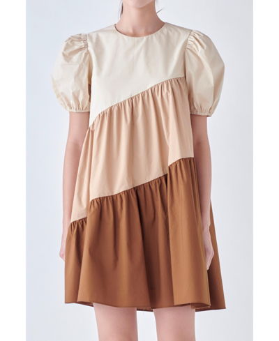 Shop English Factory Women's Asymmetrical Colorblock Puff Sleeve Dress In Beige Multi