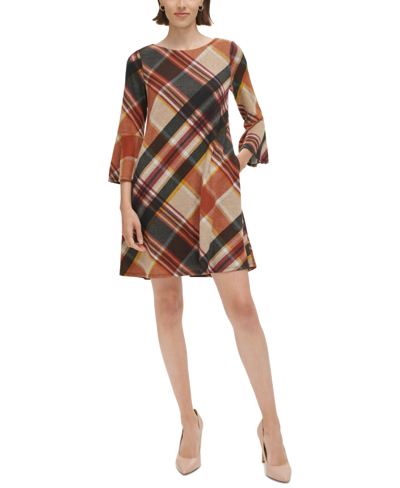 Shop Jessica Howard Women's Plaid-print Bell-sleeve Dress In Rust Combo