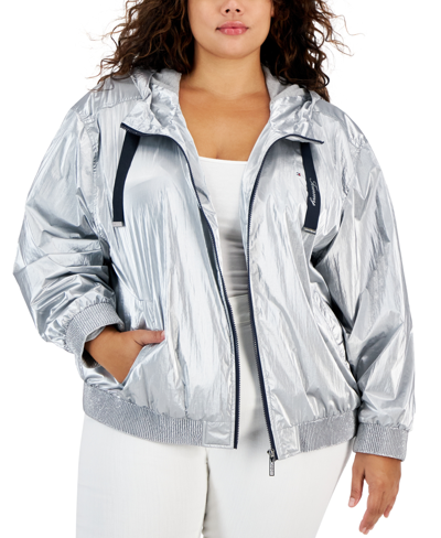 Shop Tommy Hilfiger Plus Size Hooded Metallic Windbreaker In Silver