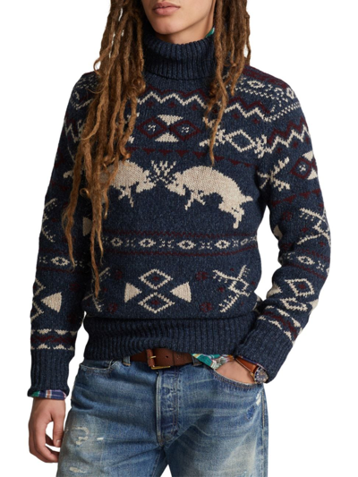 Shop Polo Ralph Lauren Men's Deer Colorwork Turtleneck Sweater In Navy Combo