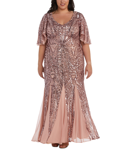 Shop Nightway R&m Richards Plus Size Sequin Flutter-sleeve Godet Gown In Mauve