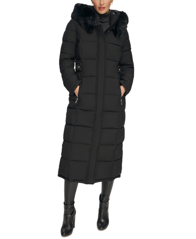 Shop Dkny Women's Faux-fur-trim Hooded Maxi Puffer Coat In Black