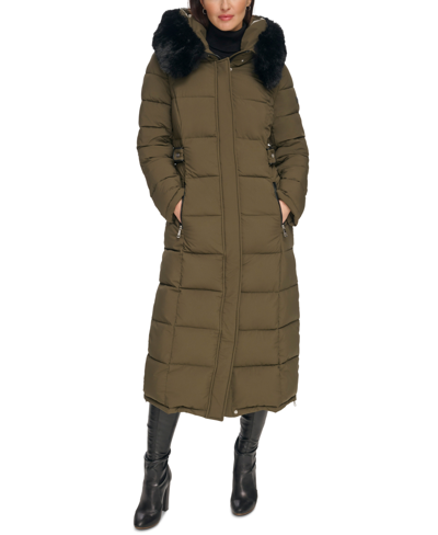 Shop Dkny Women's Faux-fur-trim Hooded Maxi Puffer Coat In Loden