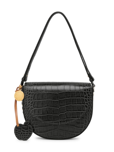 Shop Stella Mccartney Women's Medium Crocodile-embossed Saddle Bag In Black