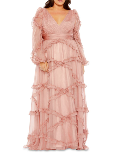Shop Mac Duggal Women's Plus Size V-neck Ruffled Puff-sleeved Gown In Dusty Rose