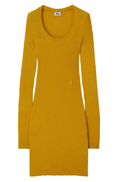 Shop Burberry Equestrian Knight Patch Long Sleeve Wool Blend Rib Sweater Dress In Golden Pear