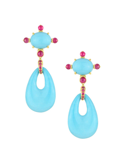 Shop Paul Morelli Women's Sleeping Beauty 18k Yellow Gold, Coral Turquoise & Ruby Drop Earrings In Blue