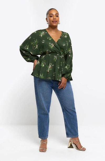 Shop River Island Floral Print Wrap Top In Green
