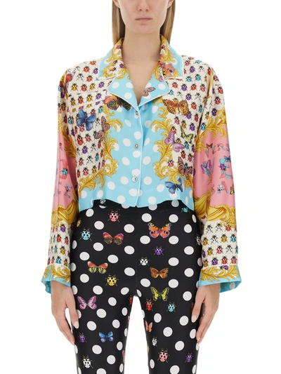 Shop Versace Short Shirt With Butterfly Print In Multicolor