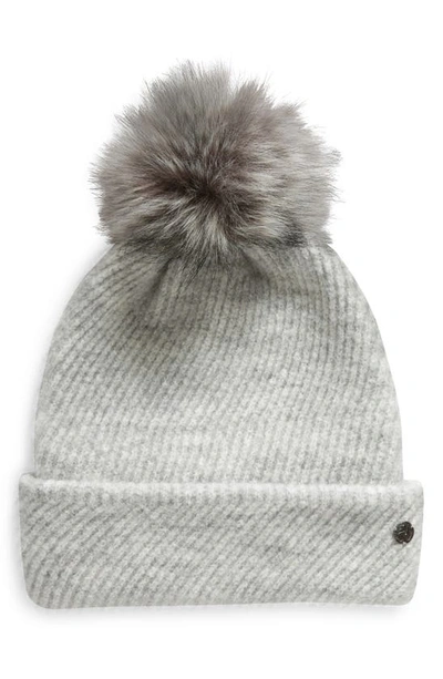 Shop Zella Cozy Heather Beanie With Faux Fur Pompom In Grey Light Heather