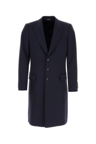 Shop Dolce & Gabbana Man Dark Blue Stretch Polyester Blend Coat