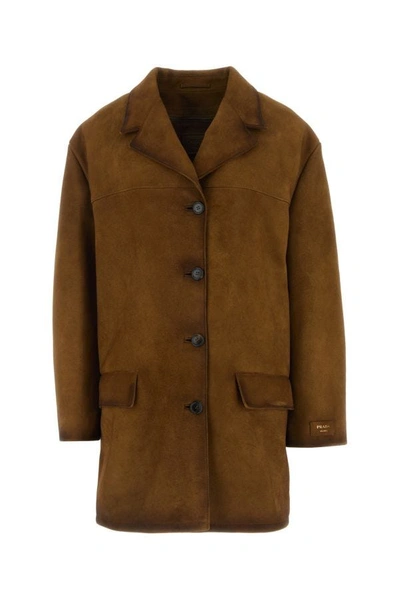 Shop Prada Woman Brown Suede Coat