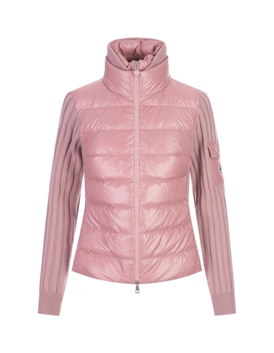 Shop Moncler Padded Cardigan In Light Pink Wool In Rosa