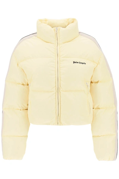 Shop Palm Angels Cropped Puffer Jacket With Bands On Sleeves In Yellow Cream
