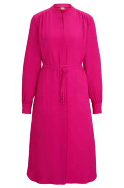 Shop Hugo Boss Belted Dress With Collarless V Neckline And Button Cuffs In Pink