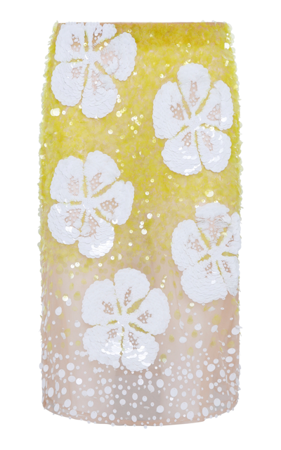Shop Des_phemmes Hibiscus Low-rise Sequined Midi Skirt In Yellow