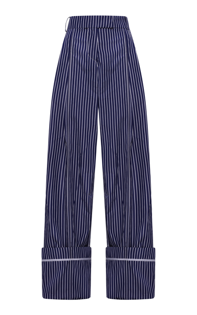 Shop Des_phemmes Oversized Pleated Striped Cotton Wide-leg Pants In Navy