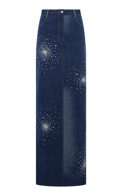 Shop Des_phemmes Crystal-embellished Denim Maxi Skirt In Medium Wash