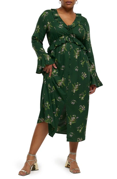 Shop River Island Print Ruffle Long Sleeve Midi Dress In Green