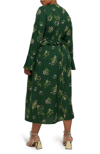 Shop River Island Print Ruffle Long Sleeve Midi Dress In Green