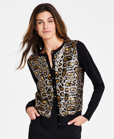 Jm Collection Women's Leopard Sequin Party Cardigan Sweater, Created For Macy's In Deep Black Combo