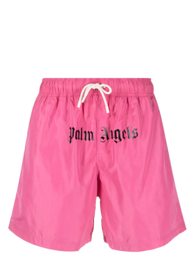 Shop Palm Angels Shorts Da Mare Con Logo In Fucsia