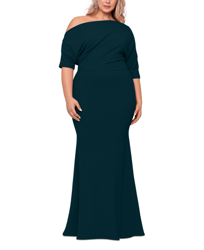 Shop Betsy & Adam Plus Size Off-the-shoulder Scuba Gown In Pine