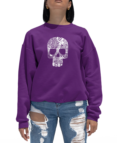 Shop La Pop Art Women's Rock And Roll Skull Word Art Crewneck Sweatshirt In Purple