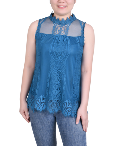 Shop Ny Collection Petite Lace Mock-neck Top In Teal