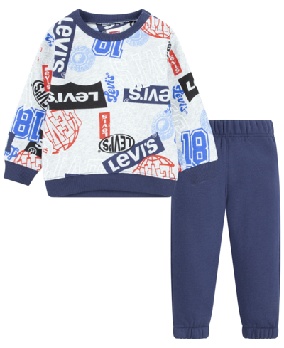 Shop Levi's Baby Boys Logo Printed Crewneck Sweatshirt And Joggers, 2 Piece Set In Naval Academy