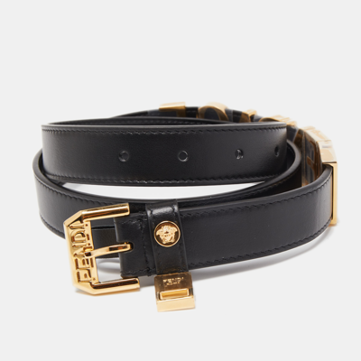 Pre-owned Fendi X Versace Black Leather Logo Letters Buckle Belt 90cm