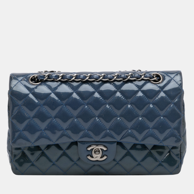 Pre-owned Chanel Blue Classic Medium Patent Leather Double Flap Bag