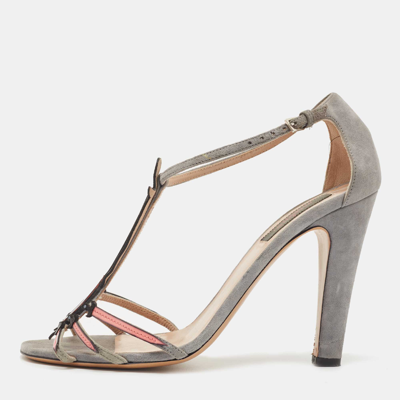 Pre-owned Valentino Garavani Tricolor Suede And Patent Leather Broken Heart Ankle Strap Sandals Size 39 In Grey