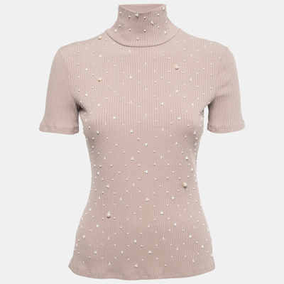 Pre-owned Chanel Pink Rib Knit Pearl Embellished High Neck Top M
