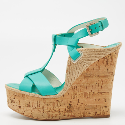 Pre-owned Ralph Lauren Turquoise Leather And Jute Cork Wedge Ankle Strap Sandals Size 37.5 In Blue