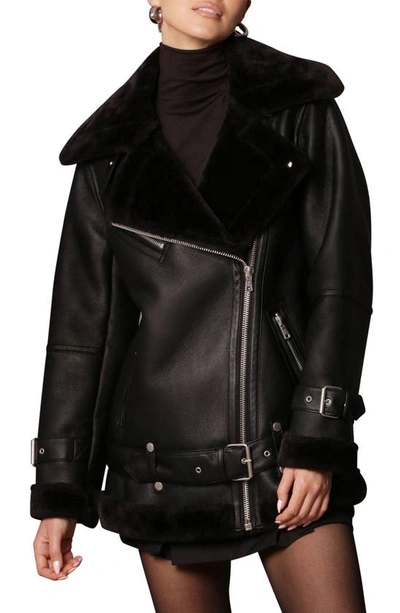 Shop Avec Les Filles Faux Shearling Trim Faux Leather Biker Jacket In Black