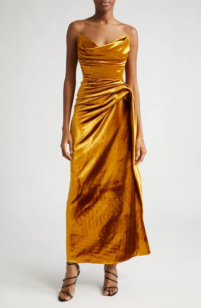 Shop Jason Wu Collection Strapless Shiny Velvet Gown In Gold
