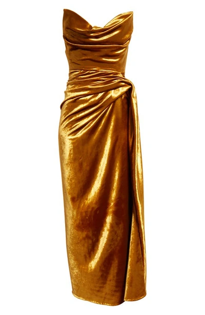 Shop Jason Wu Collection Strapless Shiny Velvet Gown In Gold