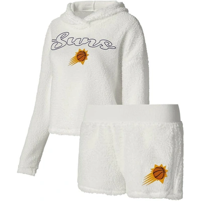 Shop College Concepts Cream Phoenix Suns Fluffy Long Sleeve Hoodie T-shirt & Shorts Sleep Set