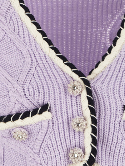 Shop Self-portrait Cropped Knit Cardigan In Lilac