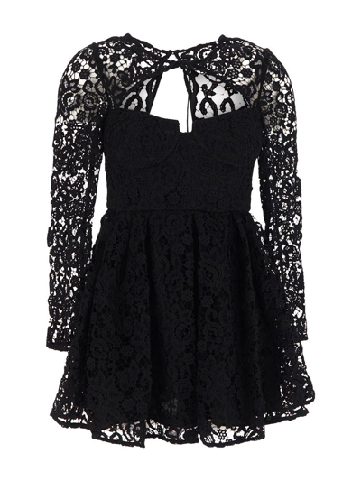 Shop Self-portrait Lace Tie-neck Mini Dress In Black