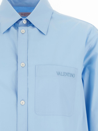 Shop Valentino Logo Embroidery Poplin Shirt In Blue