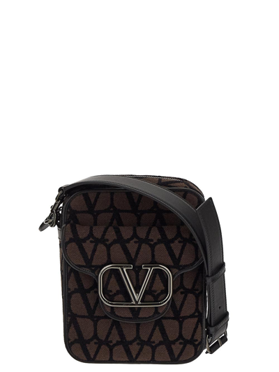 Shop Valentino Toile Iconographe V-logo Crossbody Bag In Brown