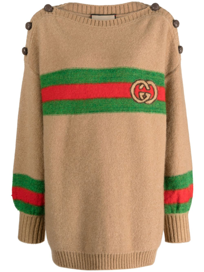 Shop Gucci Web Detail Wool Top In Brown