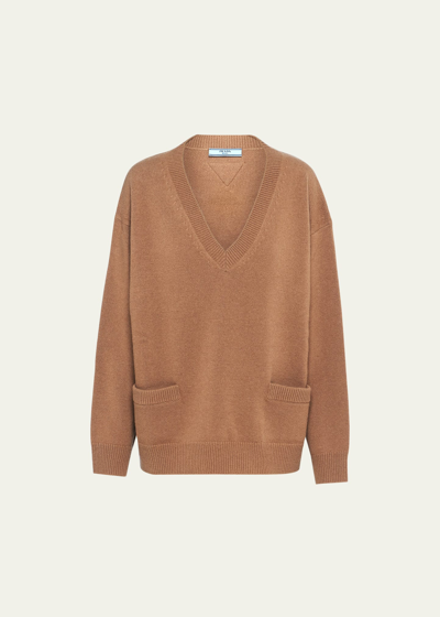 Shop Prada V-neck Cashmere Wool Oversized Sweater In F0040 Cammello