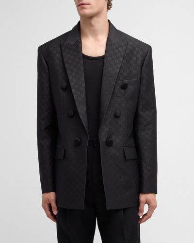 Shop Balmain Men's Mini Monogram Jacquard 6-button Sport Coat In Black/black